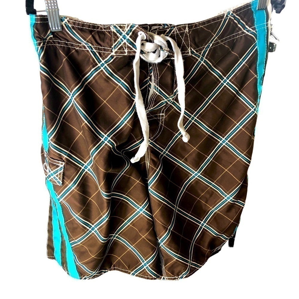 OP Board Shorts Swim Trunks Men L 36 38 Brown White Teal Plaid Mesh Lining